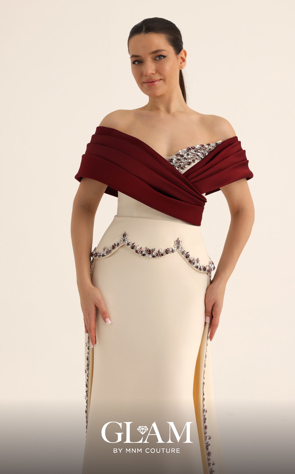 Off-the-Shoulder Floor-Length Satin Formal Sheath MNM Couture O07865