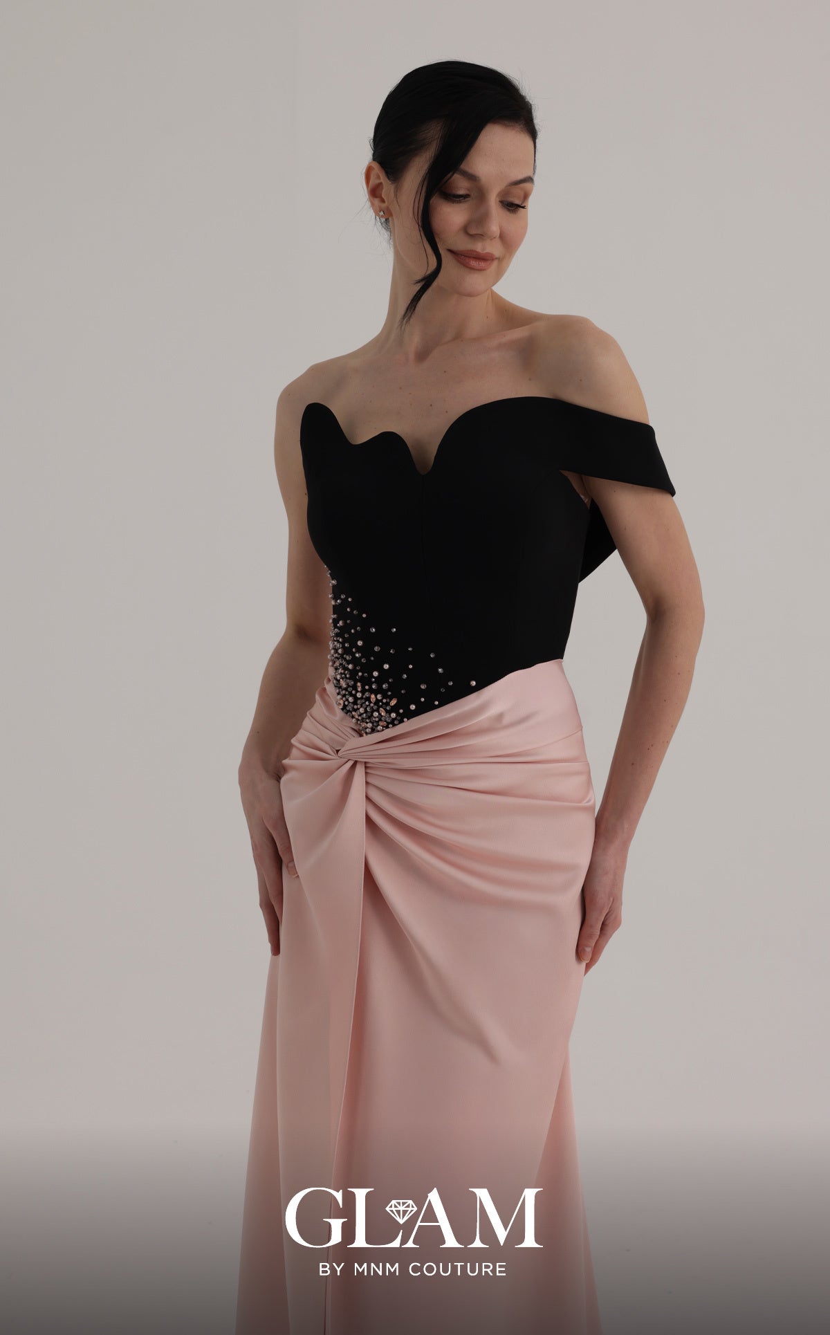 Off-the-Shoulder Floor-Length Satin Formal Sheath MNM Couture O07870