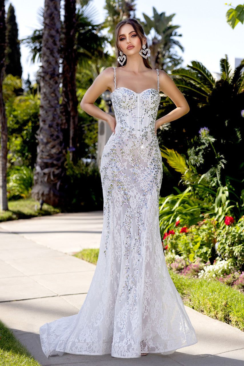 Prom Dresses Long Formal Beaded Lace Prom Dress Ivory/Silver
