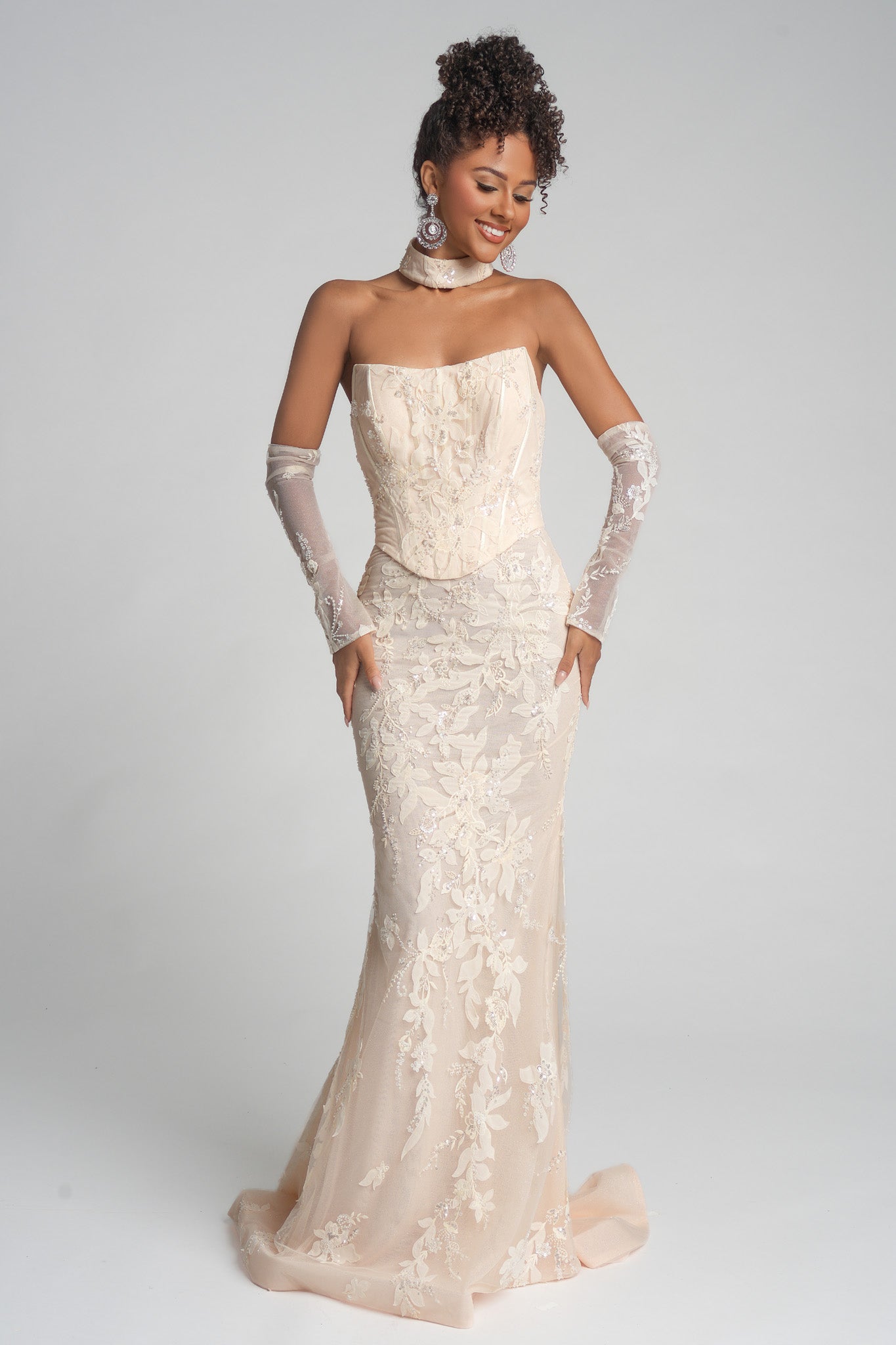 Prom Dresses Long Corset Formal Floral Lace Applique Mermaid Prom Dress Portia and Scarlett PS26005 Cream