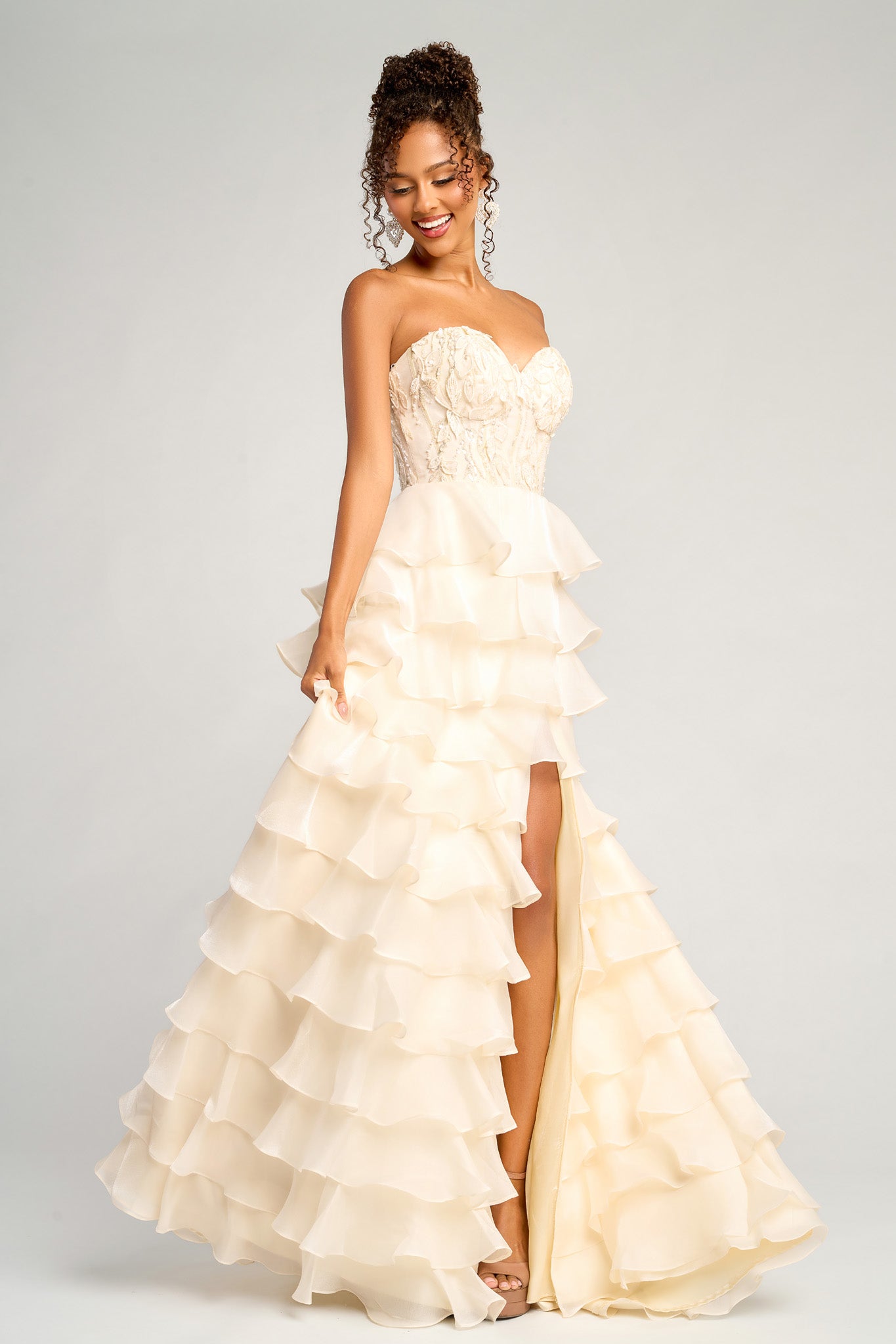 Prom Dresses Long Formal Slit Ruffle Corset A Line Prom Dress Portia and Scarlett PS26048 Cream