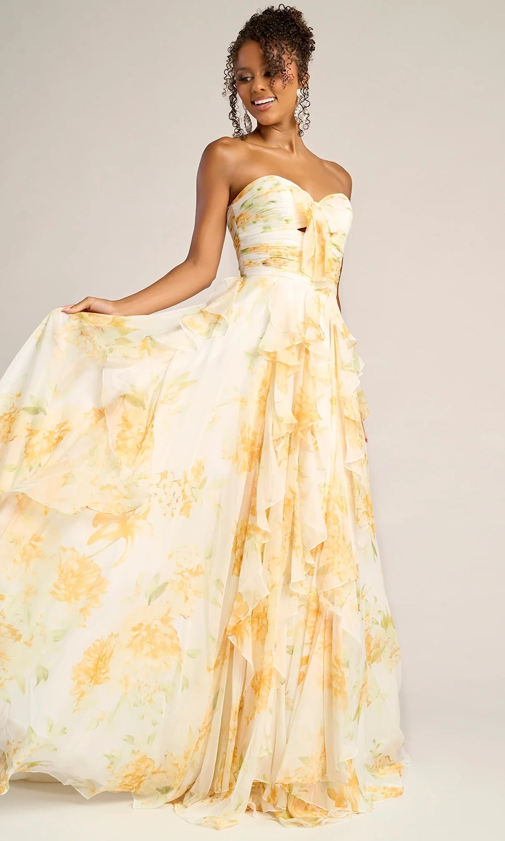 White/Yellow Sweetheart Floor-Length Organza Prom Dress Cascading Ruffles Portia & Scarlett PS26254