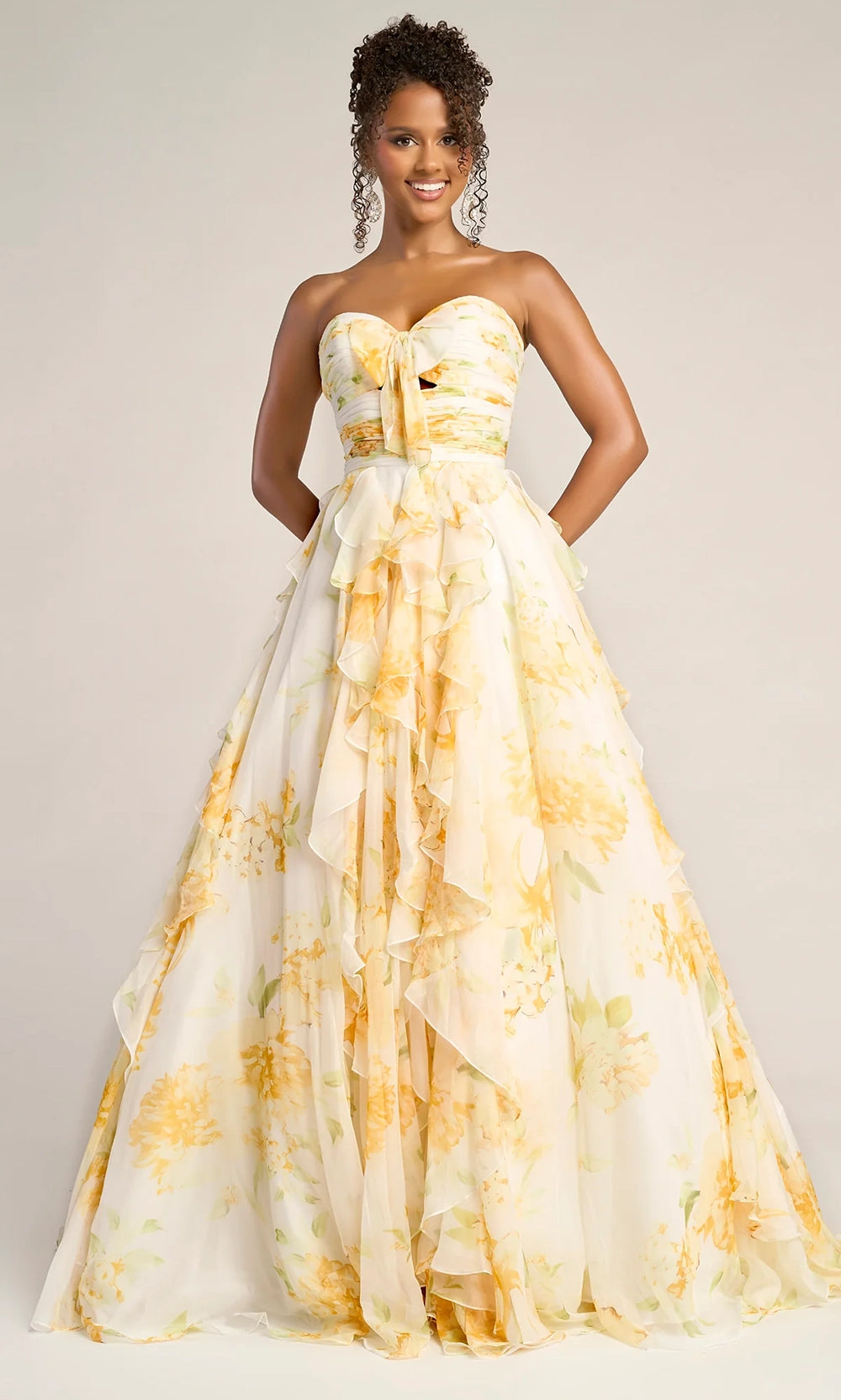 White/Yellow Sweetheart Floor-Length Organza Prom Dress Cascading Ruffles Portia & Scarlett PS26254