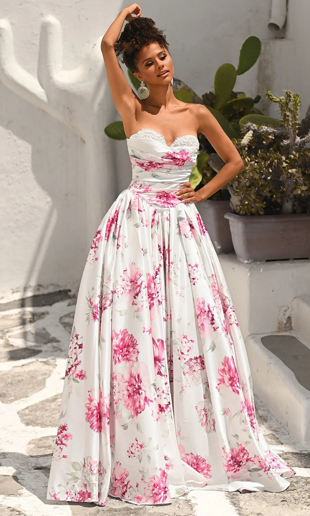 White/Pink Sweetheart Floor-Length Satin Ball Formal Gown Lace Trim and Floral Print Portia & Scarlett PS26298
