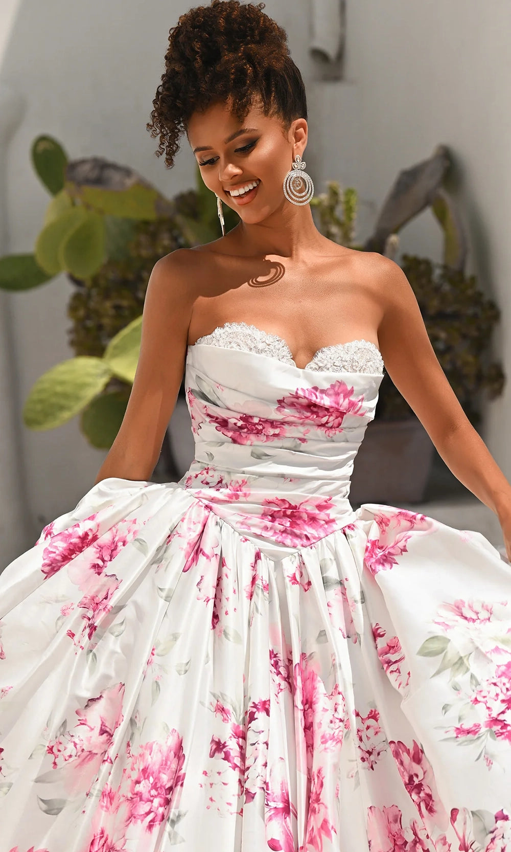 White/Pink Sweetheart Floor-Length Satin Ball Formal Gown Lace Trim and Floral Print Portia & Scarlett PS26298
