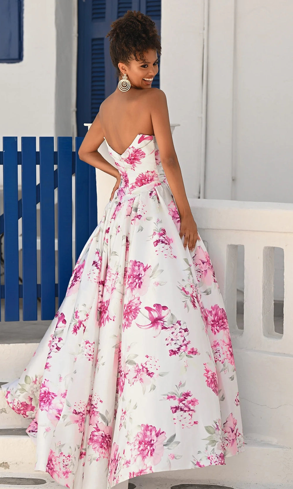 White/Pink Sweetheart Floor-Length Satin Ball Formal Gown Lace Trim and Floral Print Portia & Scarlett PS26298