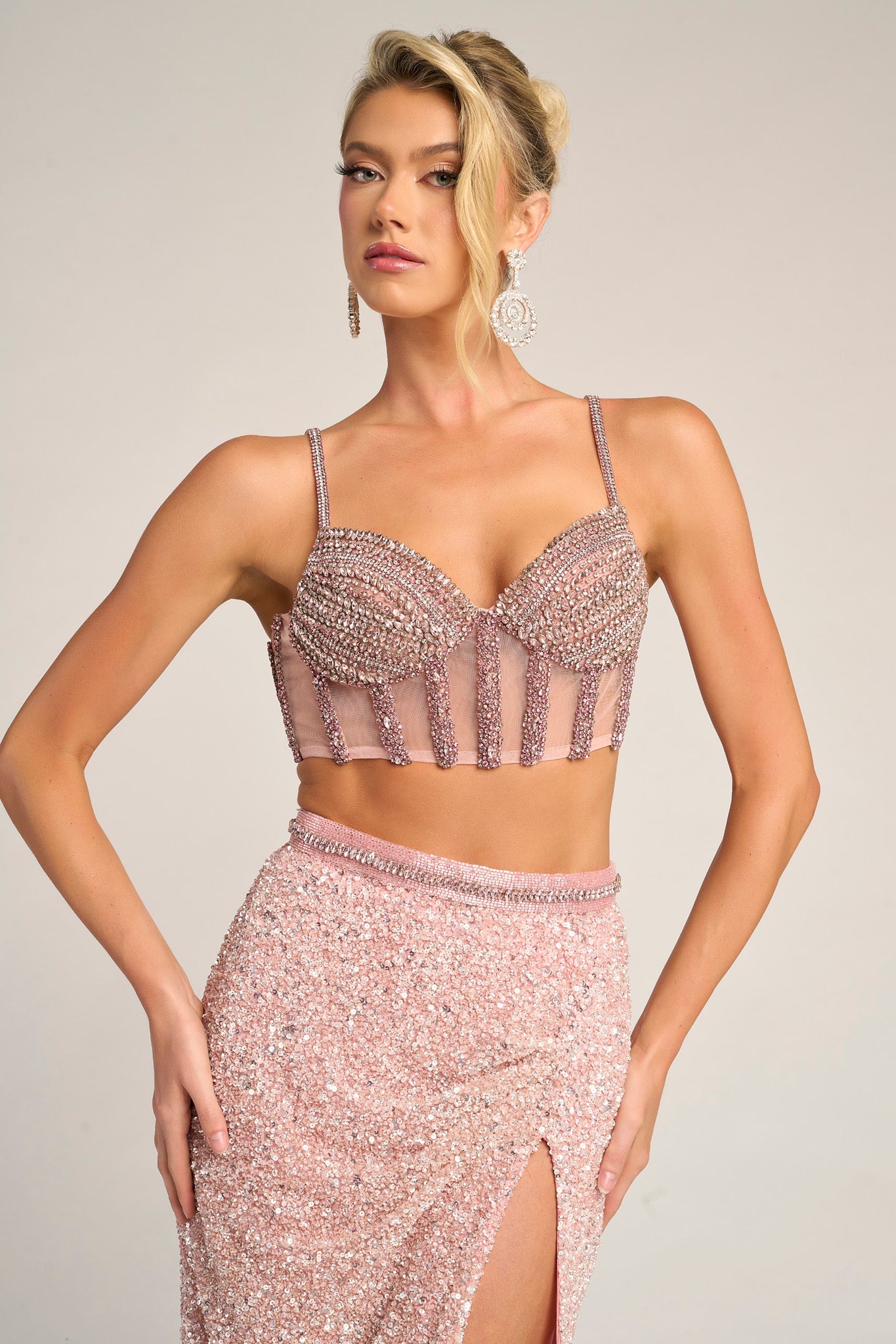 Pink Sweetheart Floor-Length Sequin Prom Two-Piece Gown High Slit Portia & Scarlett PS26429C