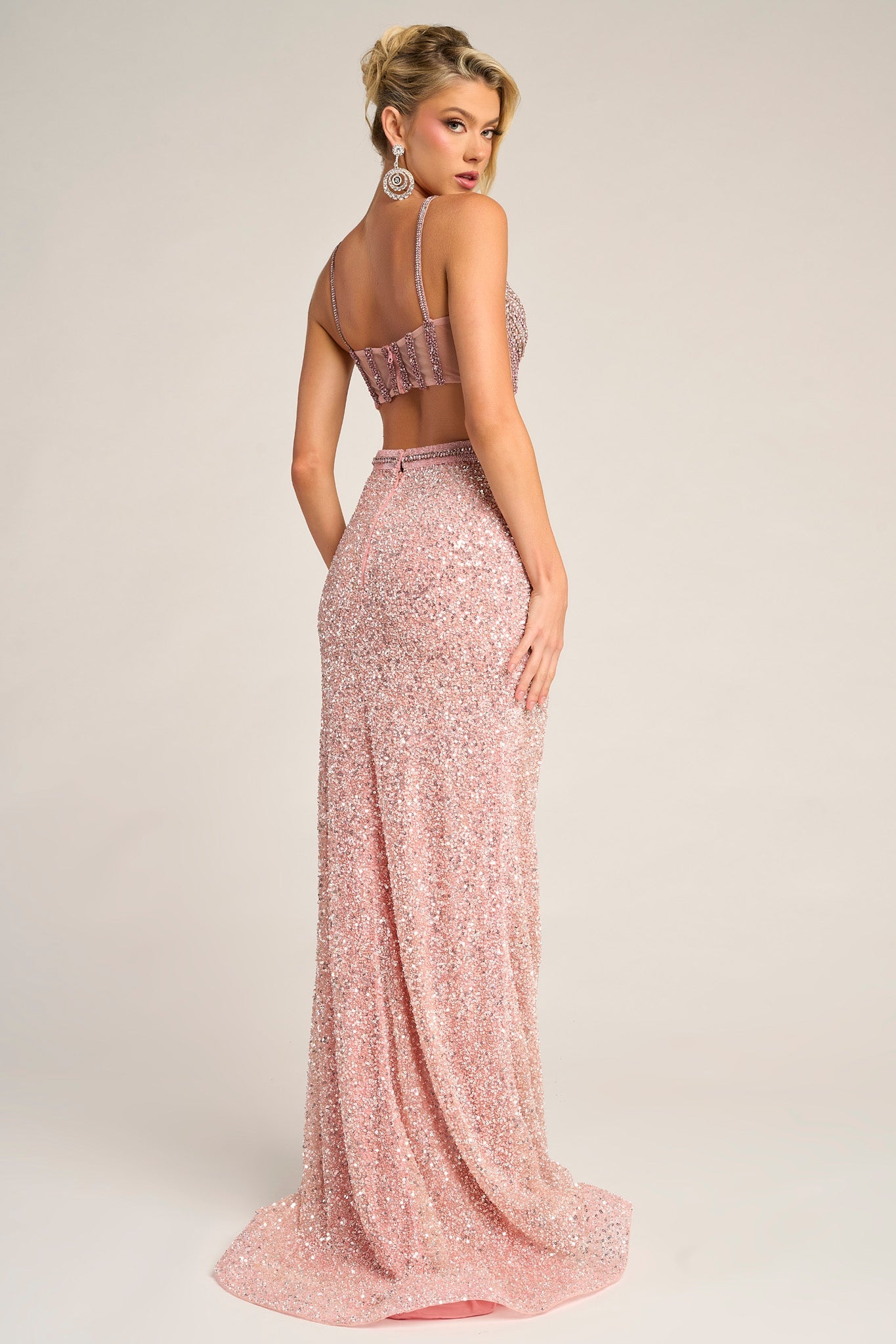 Pink Sweetheart Floor-Length Sequin Prom Two-Piece Gown High Slit Portia & Scarlett PS26429C