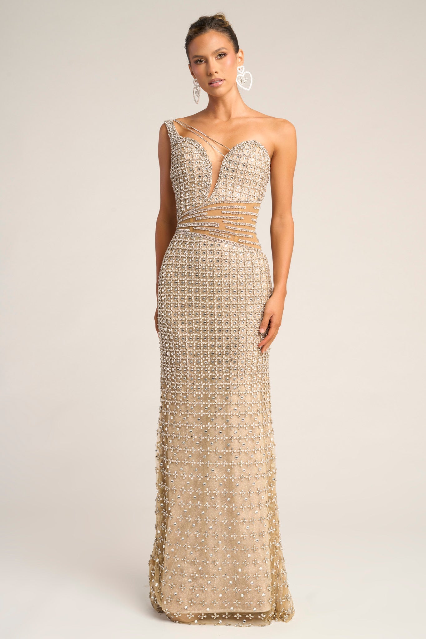 Nude/Silver One-Shoulder Floor-Length Crystal Prom Evening Gown Illusion Cut-Outs Portia & Scarlett PS26434C
