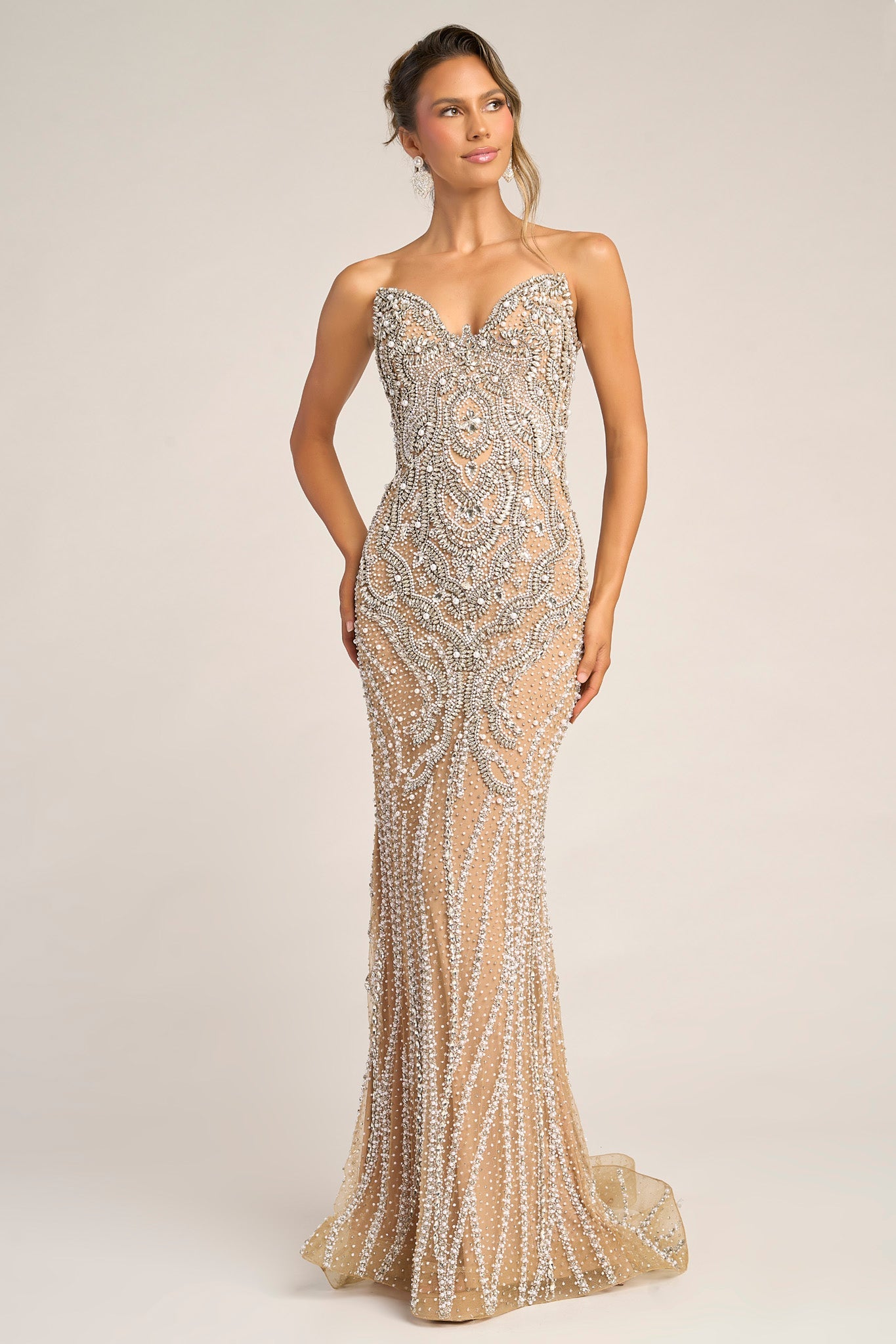 Nude/Silver Sweetheart Floor-Length Crystal Prom Evening Gown Intricate Sculpted Pattern Portia & Scarlett PS26446C