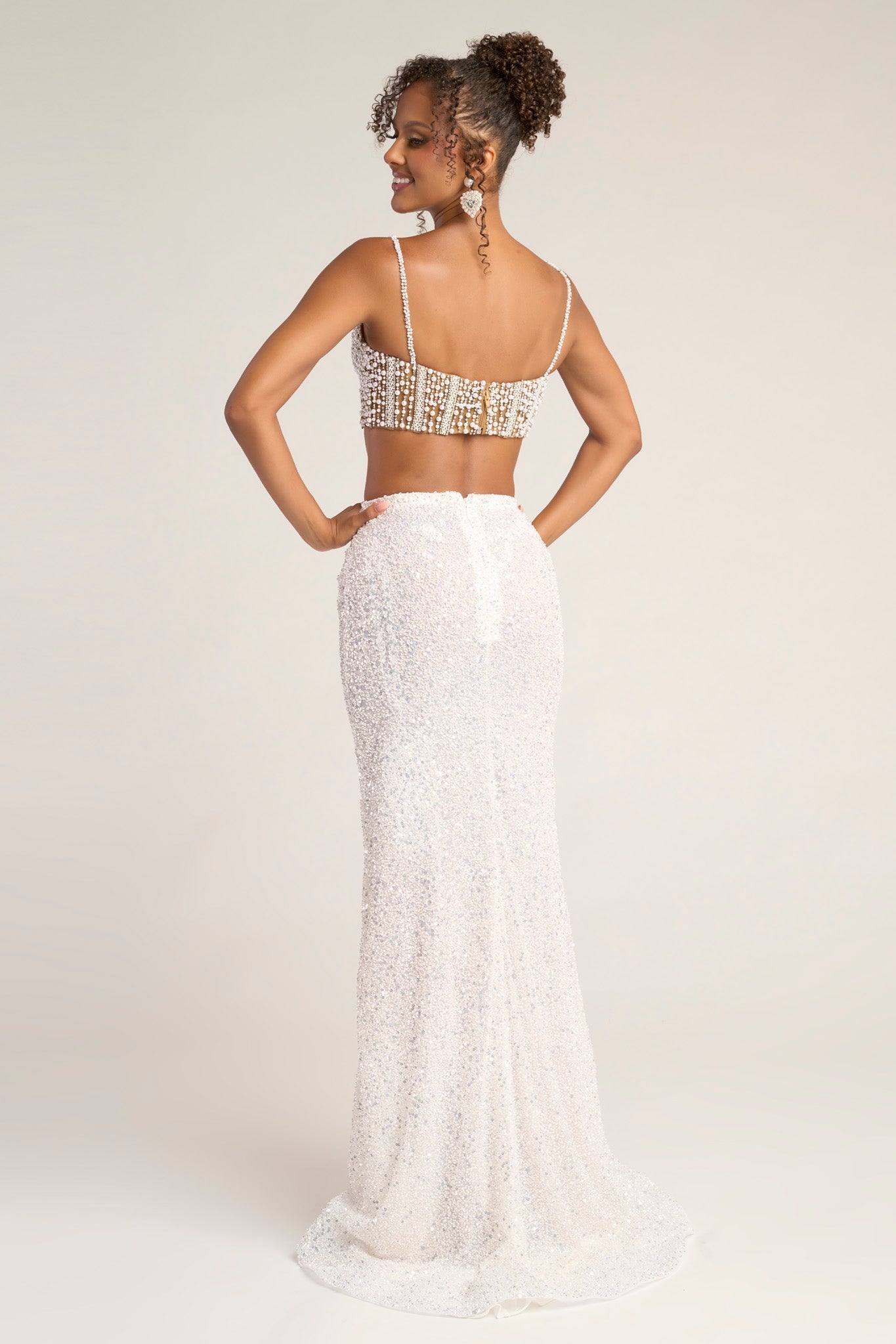 White/Nude Sweetheart Floor-Length Beaded Two-Piece Prom Gown Pearl Embellishments Portia & Scarlett PS26453C
