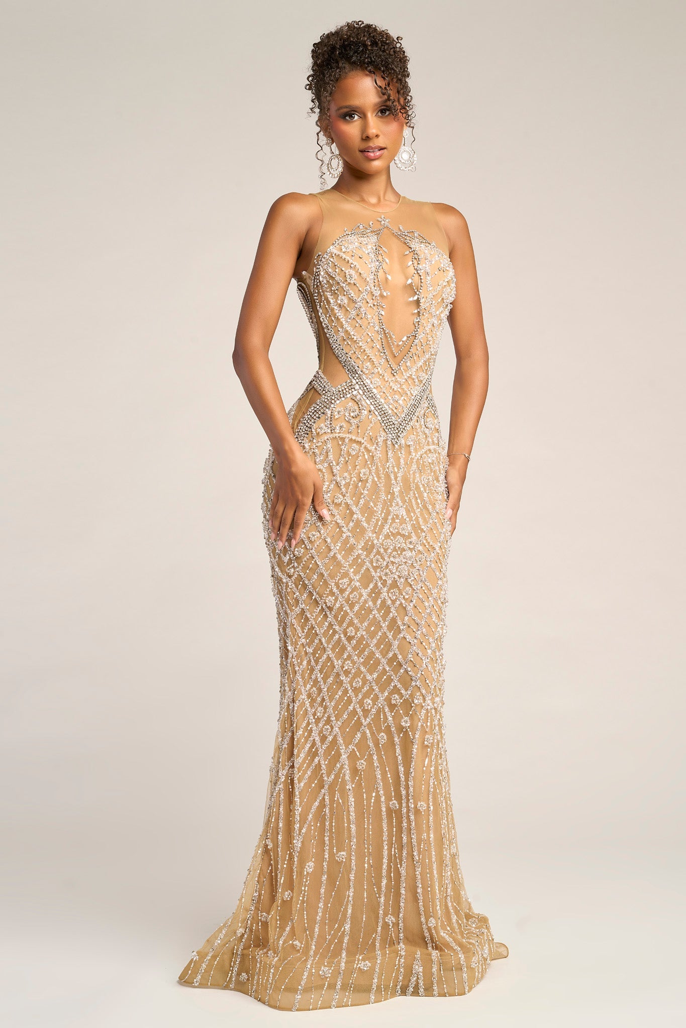Nude/Silver Illusion Halter Floor-Length Beaded Prom Evening Gown Daring Cut-Outs Portia & Scarlett PS26454C