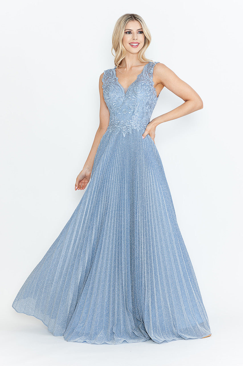 Mother of the Bride Dresses Pleated Long Formal Mother of the Bride Dress Lenovia 8341 Perry Blue-Mesh-8341-Pleated
