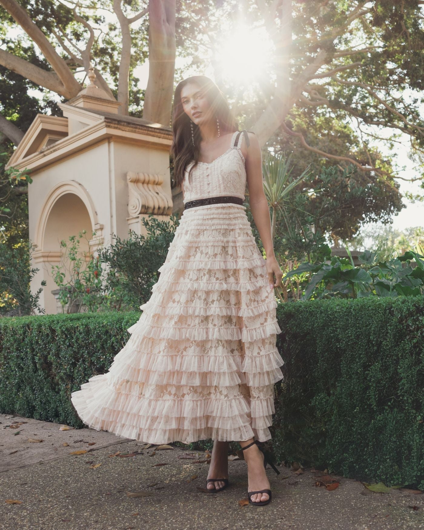 Cocktail Dresses Tea Length Lace Cocktail Dress - Ruffle - Mac Duggal 8070 Porcelain-Mesh-8070-Tiered
