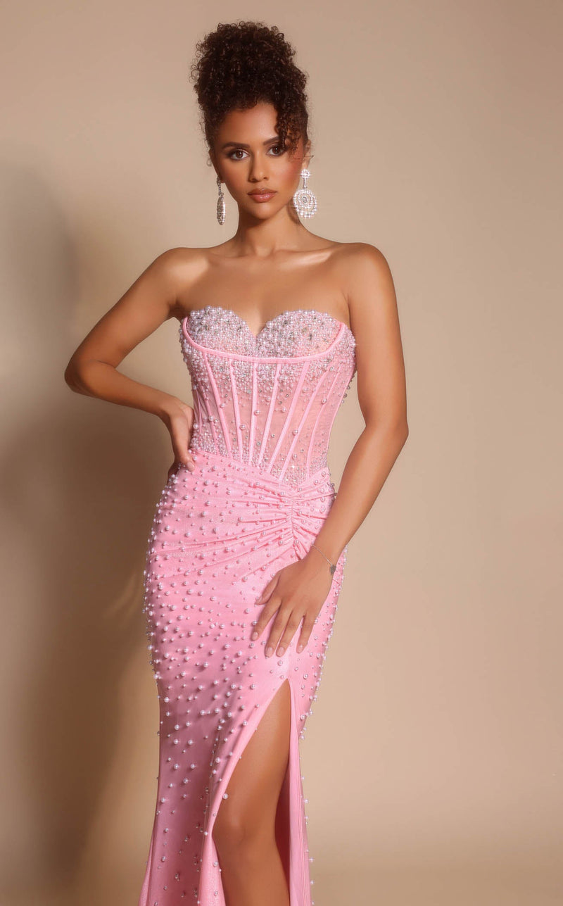 Prom Dresses Corset Beaded Formal Long Sequin Lace Evening Dress Pink