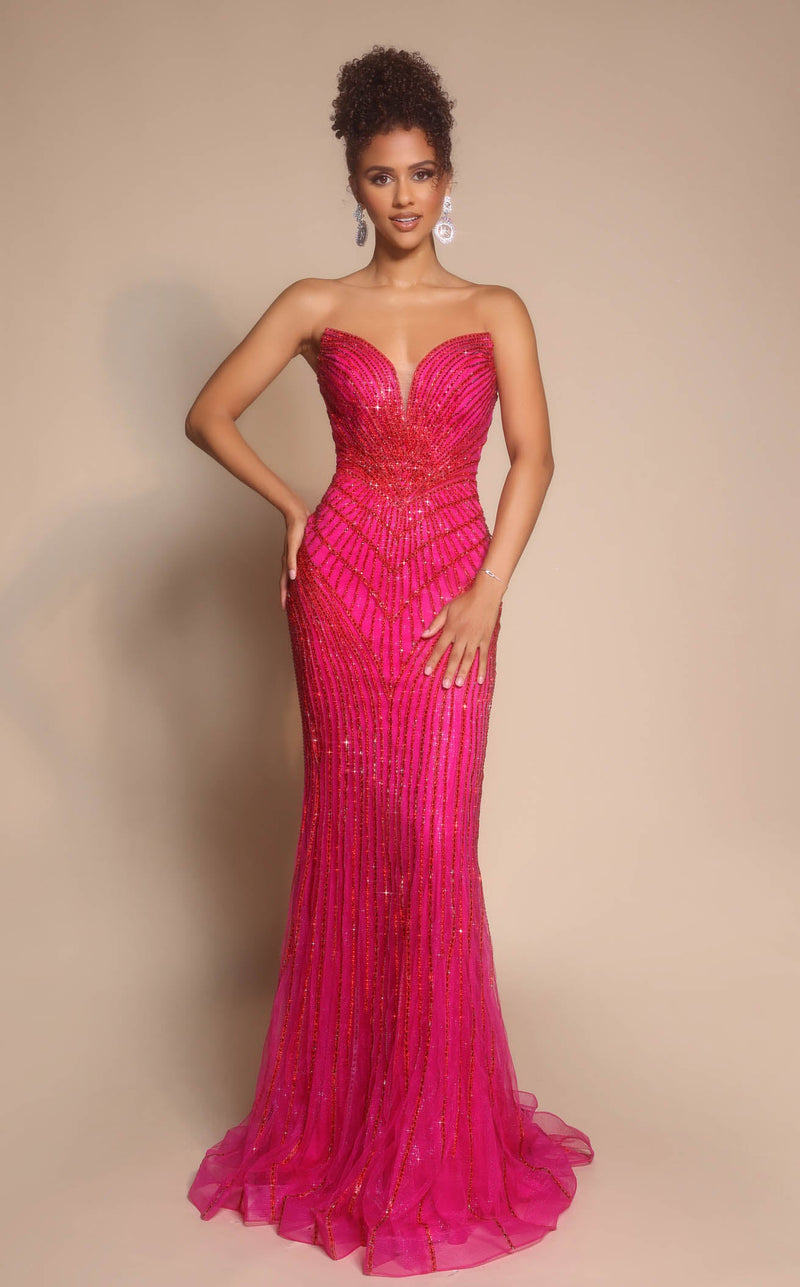 Prom Dresses Floral Lace Formal Long Corset Beaded Prom Dress Fuchsia