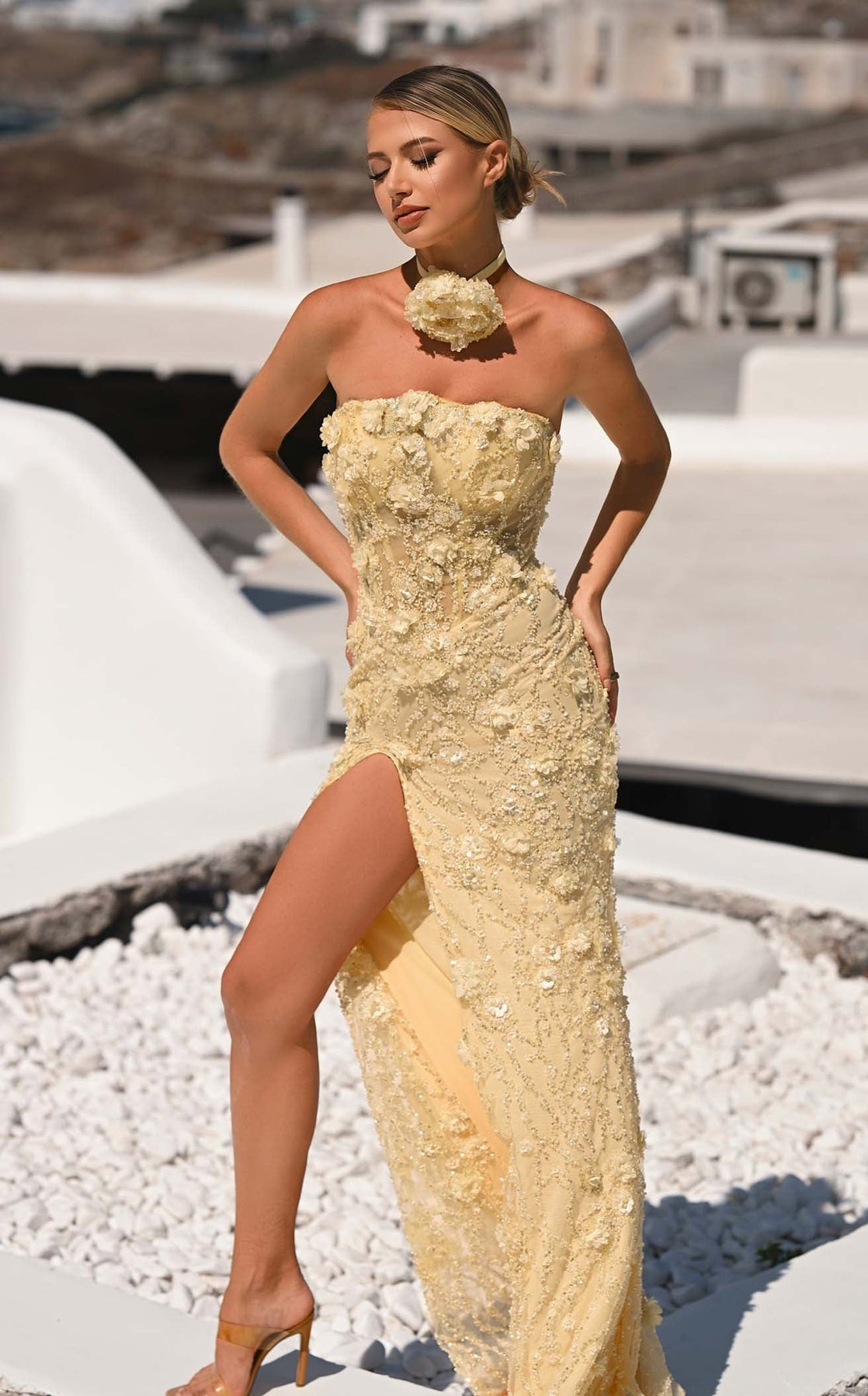 Prom Dresses Long Formal Slit 3D Floral Corset Prom Dress Portia and Scarlett PS26011 Yellow