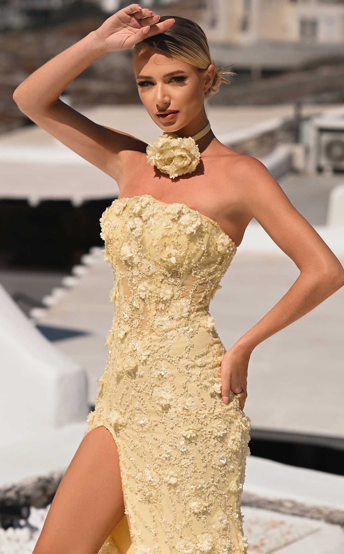 Prom Dresses Long Formal Slit 3D Floral Corset Prom Dress Portia and Scarlett PS26011 Yellow