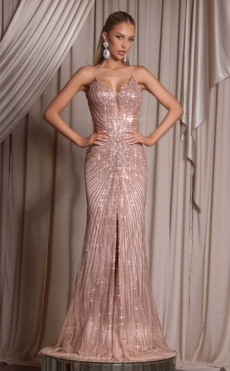 Prom Dresses Sequin Beaded Formal Long Fitted Prom Dress Rose Gold