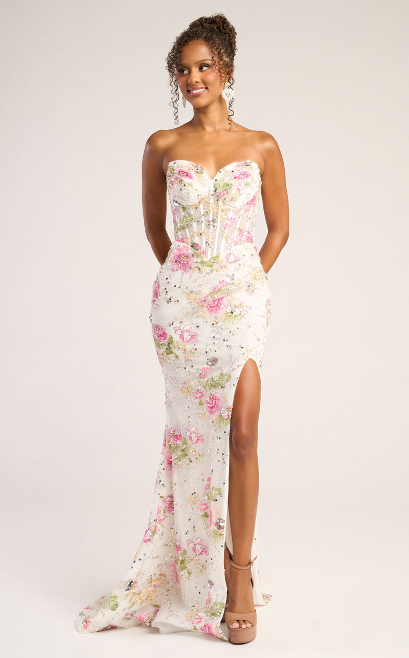 Prom Dresses Floral Sequin Formal Long Fitted Prom Dress White