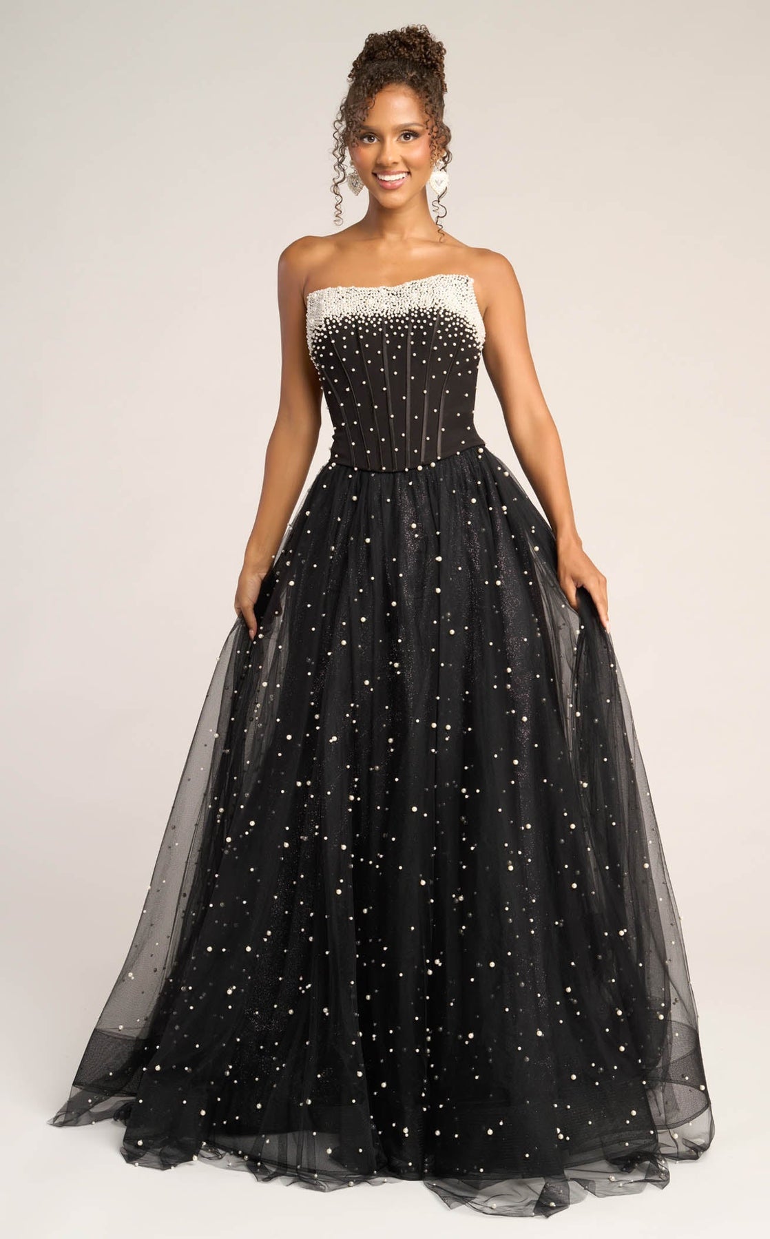 Black Strapless Floor-Length Tulle Formal Ball Gown with Pearl Embellishments Portia and Scarlett PS26034