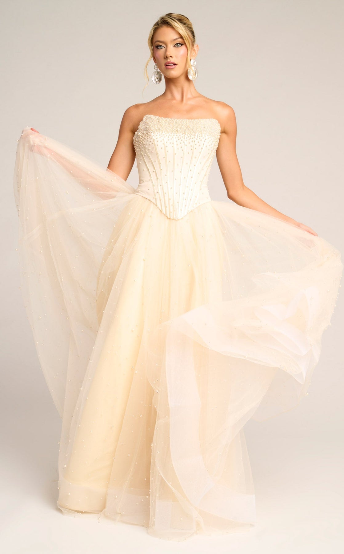 Cream Strapless Floor-Length Tulle Formal Ball Gown with Pearl Embellishments Portia and Scarlett PS26034
