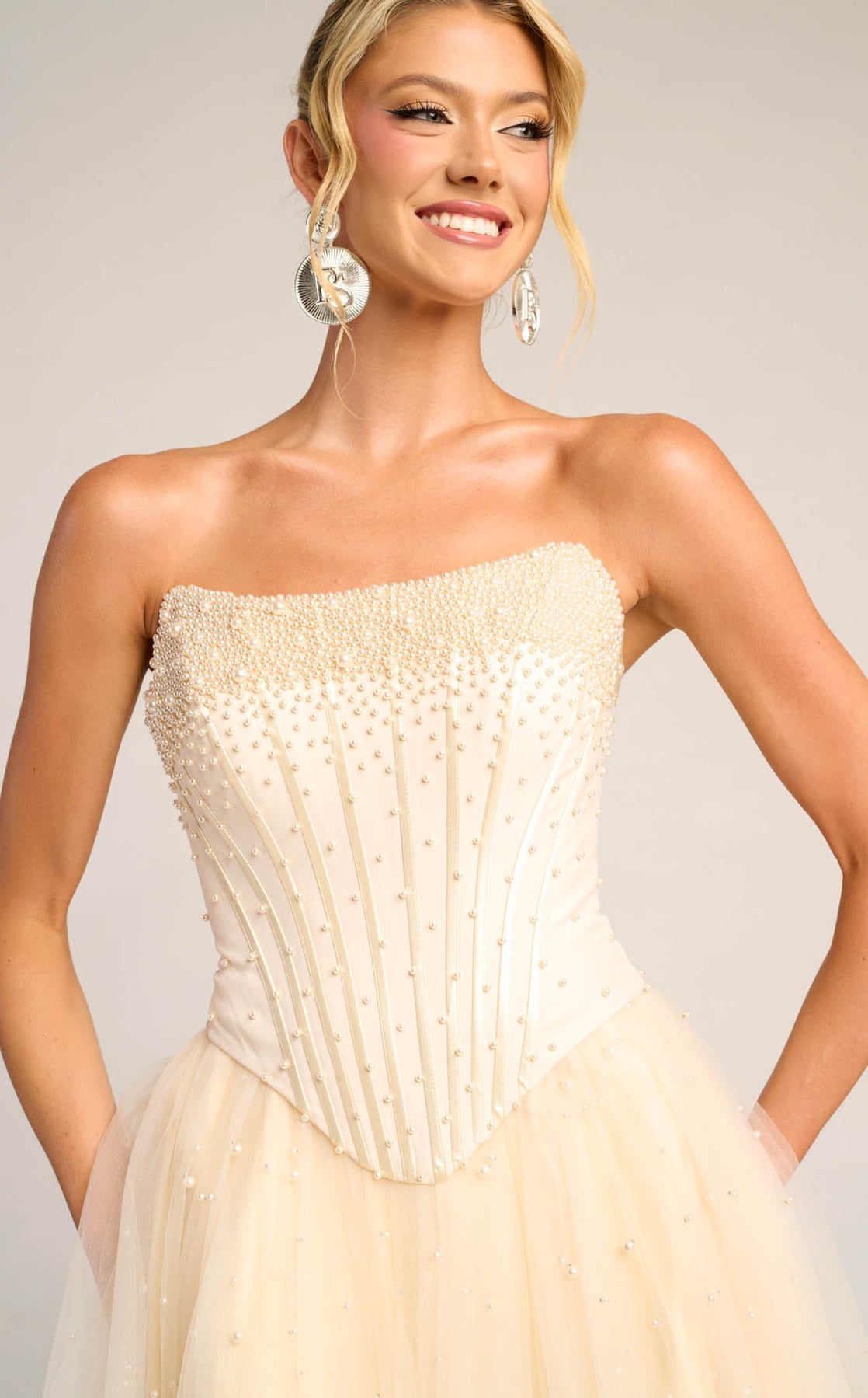 Cream Strapless Floor-Length Tulle Formal Ball Gown with Pearl Embellishments Portia and Scarlett PS26034