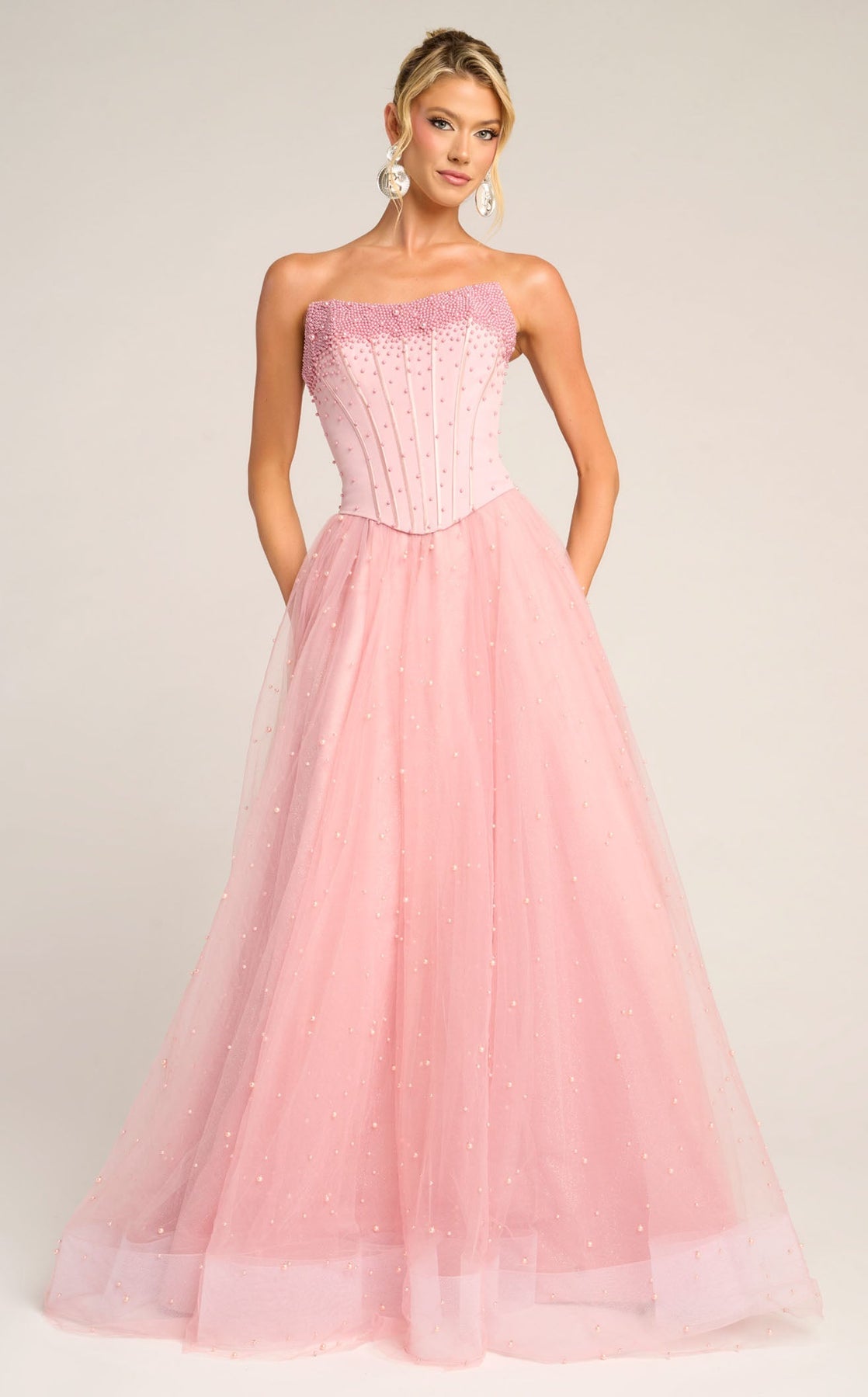 Pink Strapless Floor-Length Tulle Formal Ball Gown with Pearl Embellishments Portia and Scarlett PS26034
