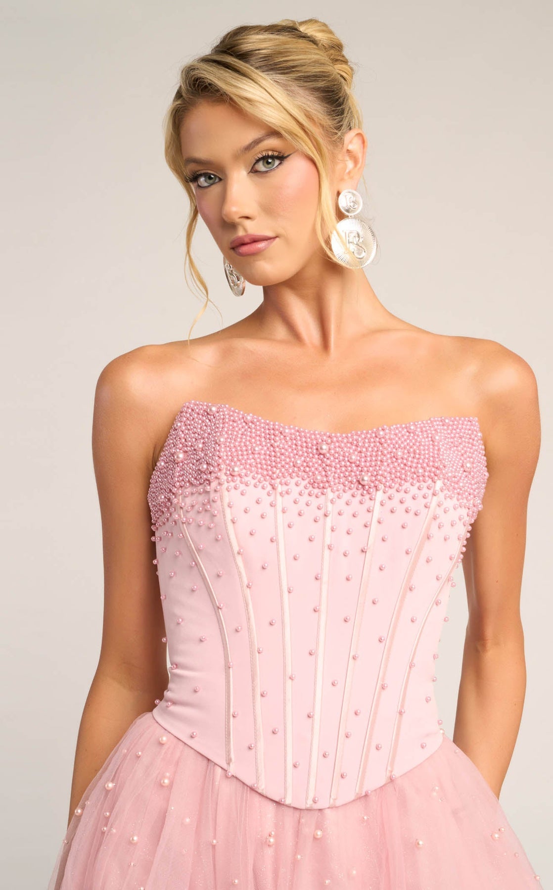 Pink Strapless Floor-Length Tulle Formal Ball Gown with Pearl Embellishments Portia and Scarlett PS26034