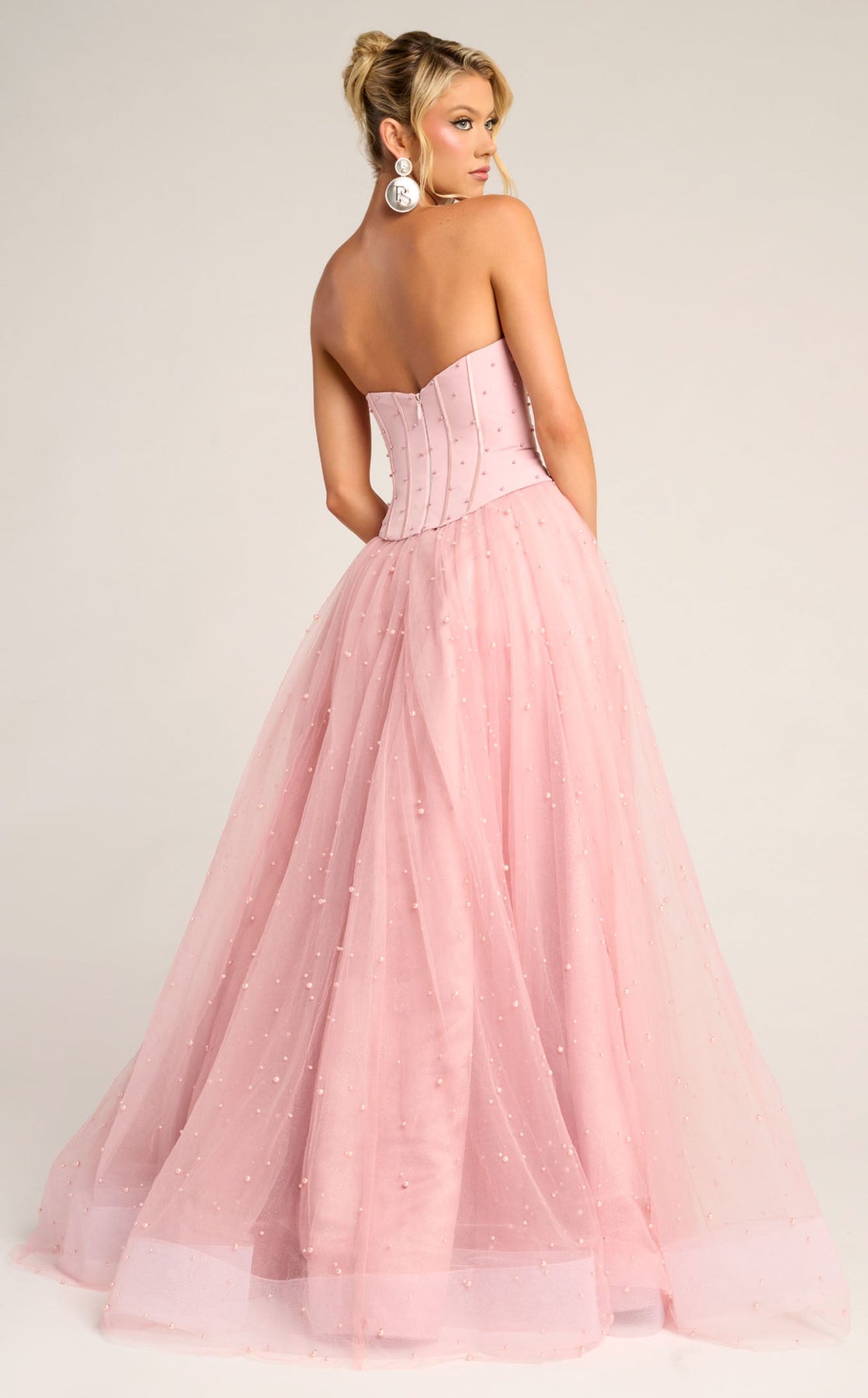 Pink Strapless Floor-Length Tulle Formal Ball Gown with Pearl Embellishments Portia and Scarlett PS26034