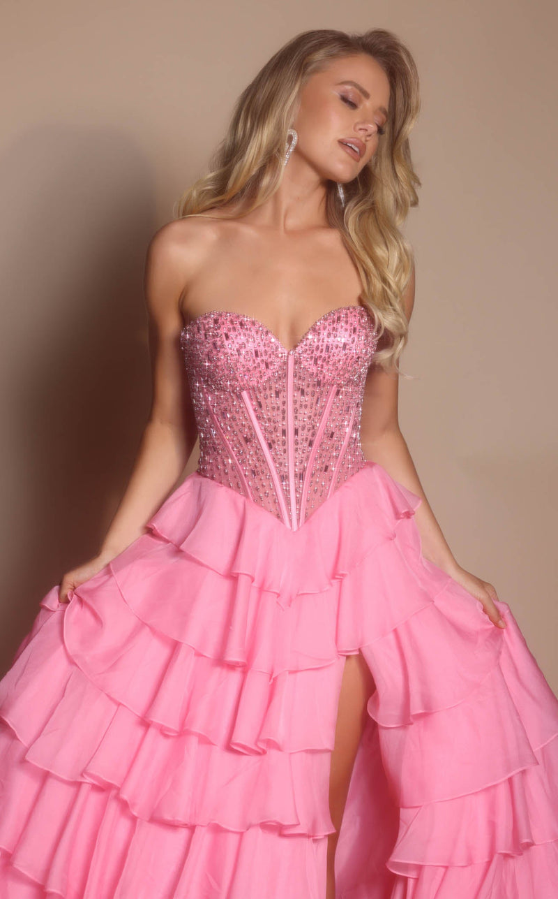 Prom Dresses Ruffle A Line Corset Beaded Long Formal Prom Dress Pink