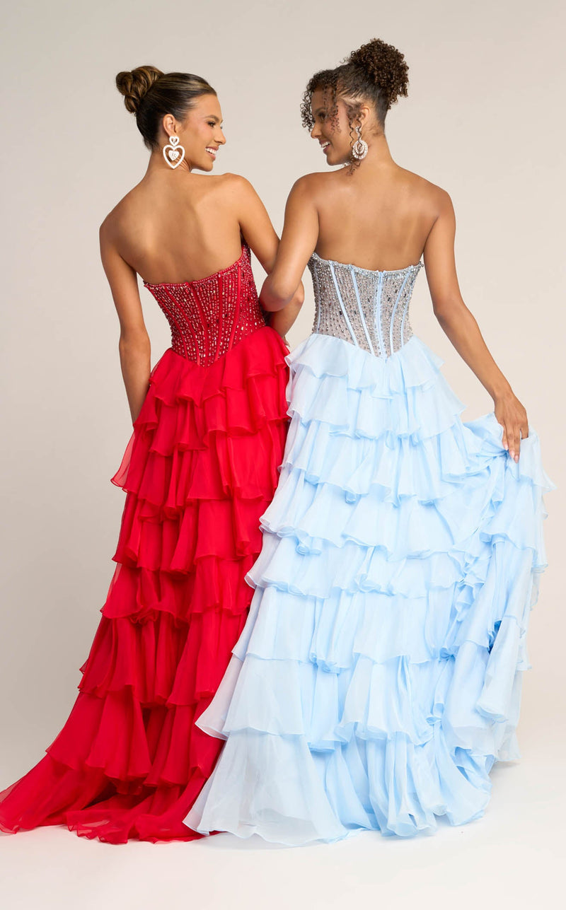 Prom Dresses Ruffle A Line Corset Beaded Long Formal Prom Dress Blue