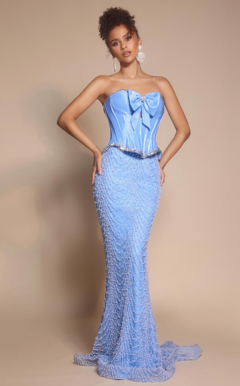 Prom Dresses Fitted Corset Beaded Sequin Long Formal Prom Dress Blue
