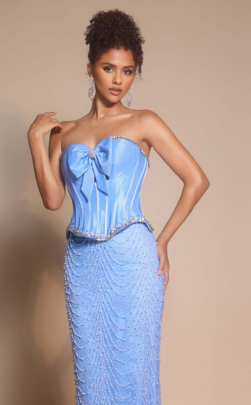 Prom Dresses Fitted Corset Beaded Sequin Long Formal Prom Dress Blue