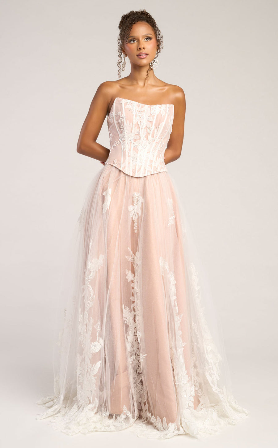 Ivory/Nude Strapless Floor-Length Tulle Gala Prom Gown Lace Applique Portia & Scarlett PS26061