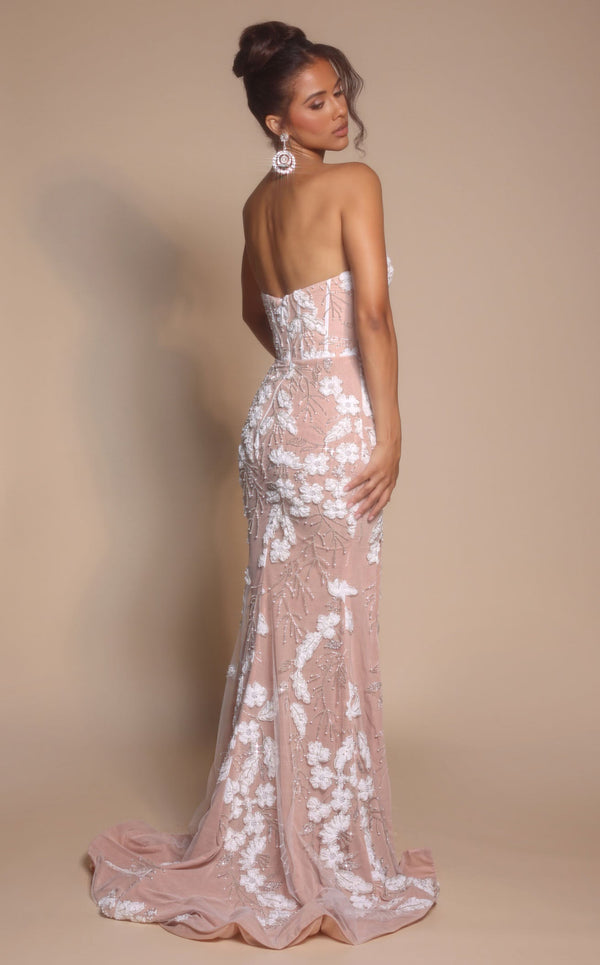 Prom Dresses Floral Lace Applique Long Formal Fitted Prom Dress Ivory Nude