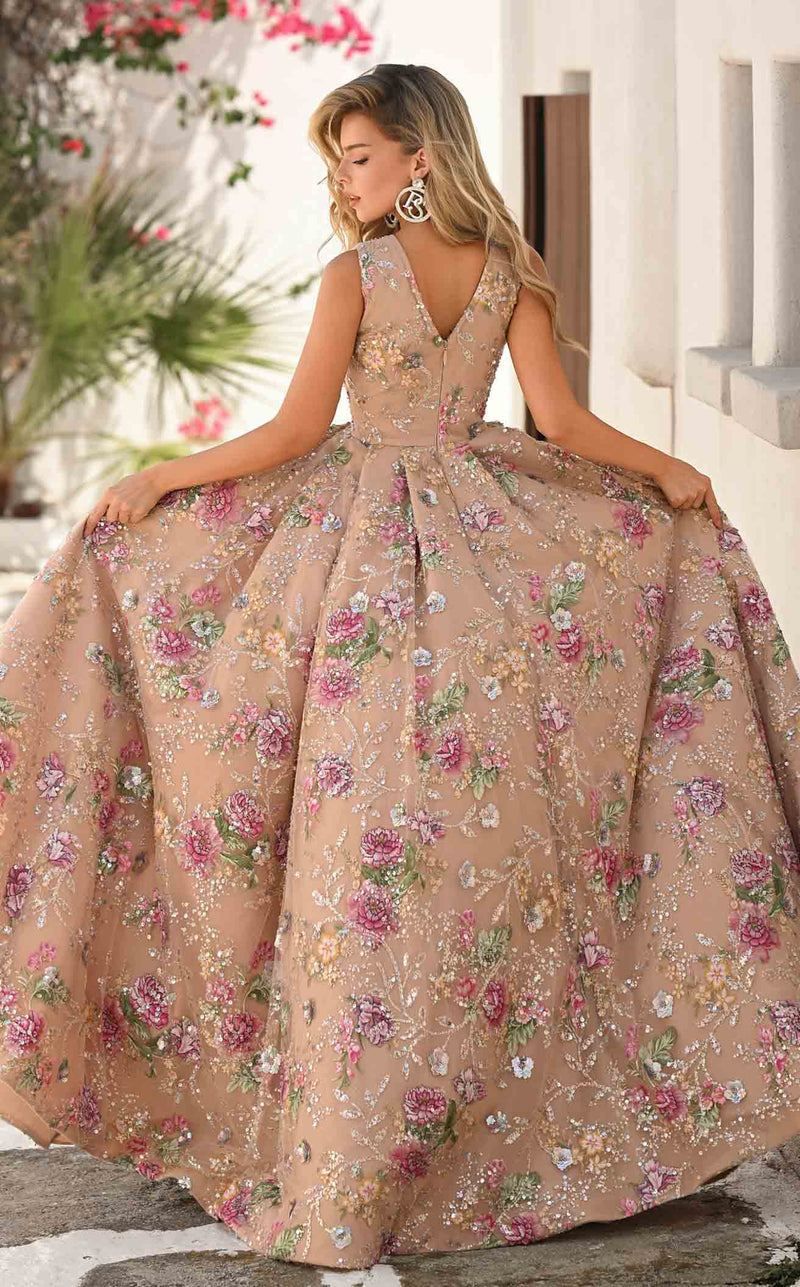 Prom Dresses Ball Gown Floral Beaded Sequin Long Formal Prom Dress Nude