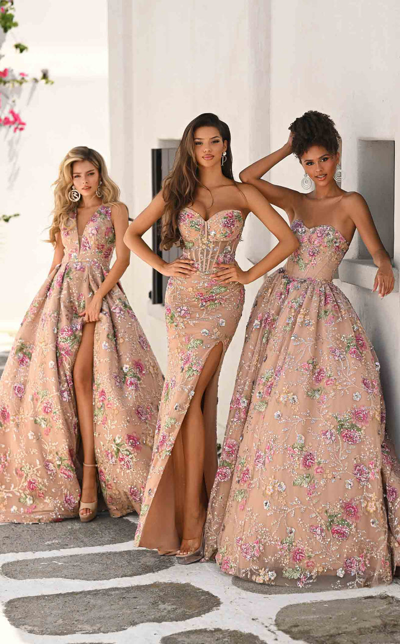 Prom Dresses Ball Gown Floral Beaded Sequin Long Formal Prom Dress Nude