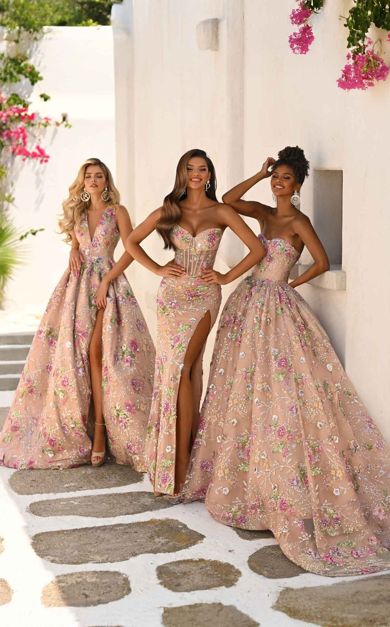 Prom Dresses Ball Gown Floral Beaded Sequin Long Formal Prom Dress Nude