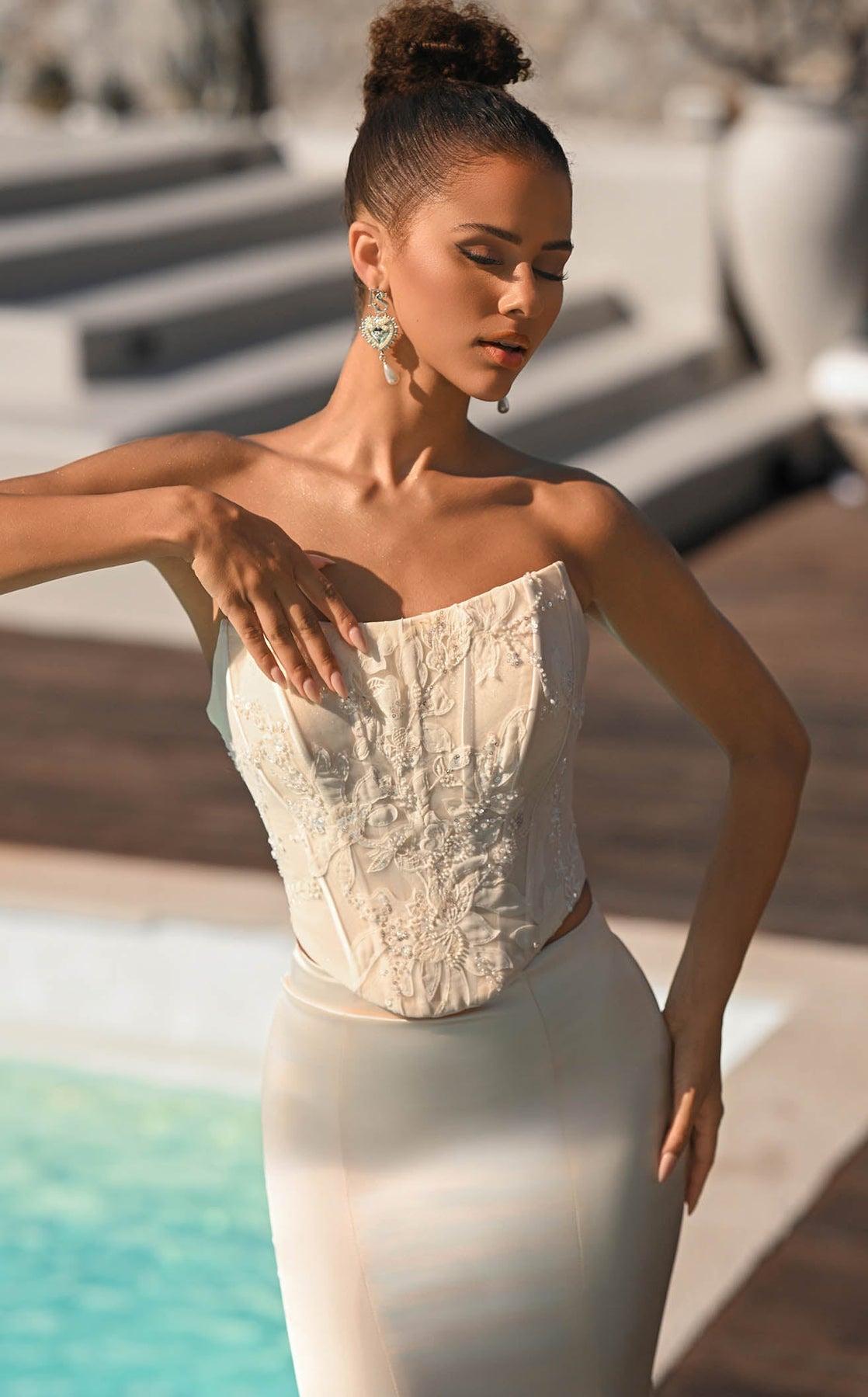 Cream Strapless Floor-Length Satin Prom Dress with Lace Corset Bodice and Mermaid Skirt Portia and Scarlett PS26092
