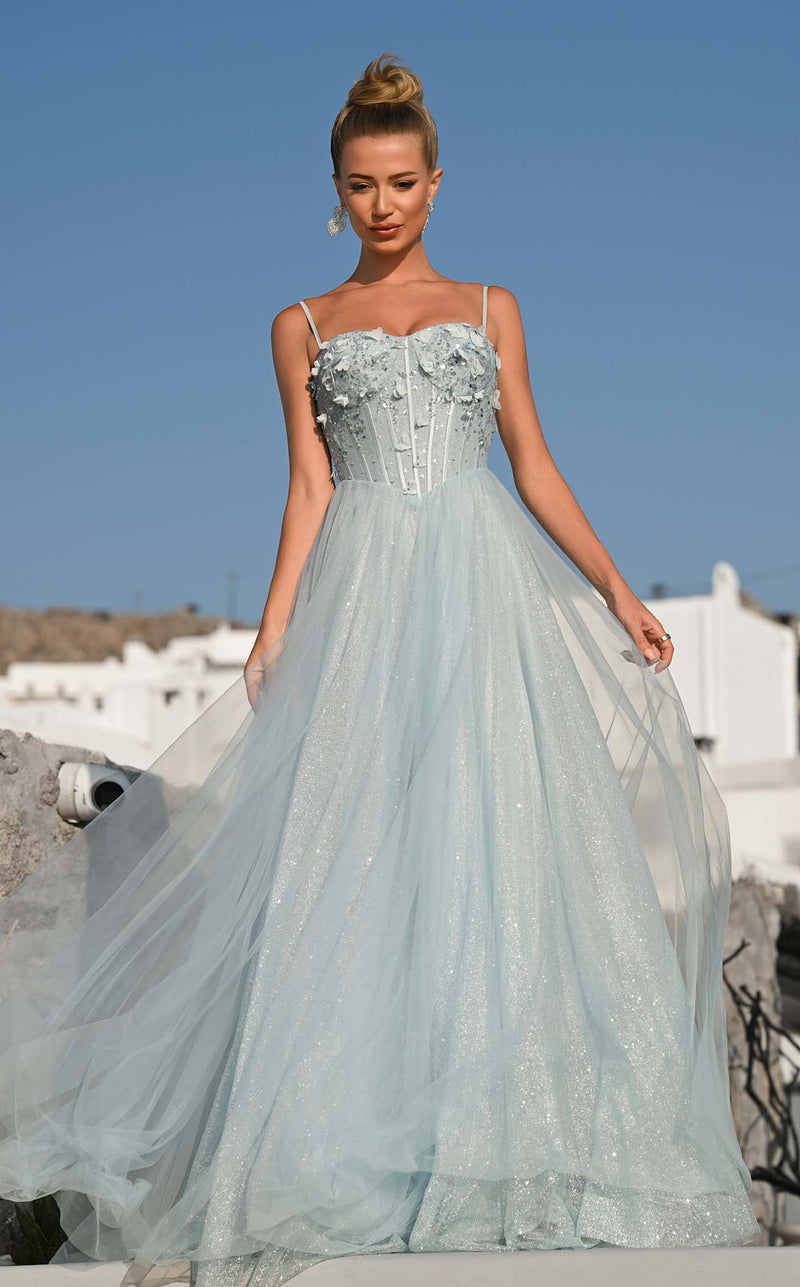 Prom Dresses Corset Floral Formal Long Glitter Prom Dress Blue