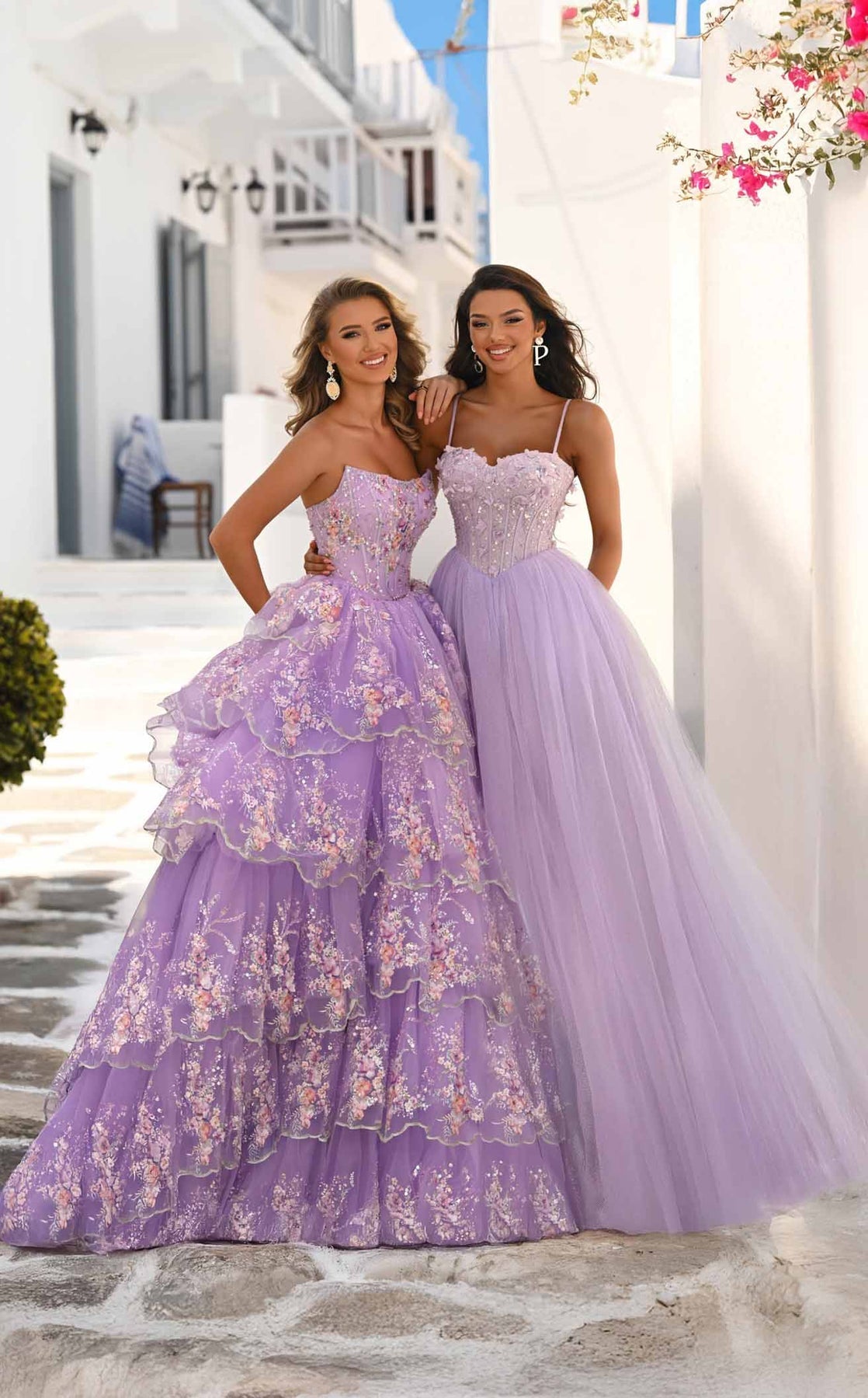 Lilac Strapless Floor-Length Floral Tulle Prom Tiered Ball Gown Portia and Scarlett PS26051