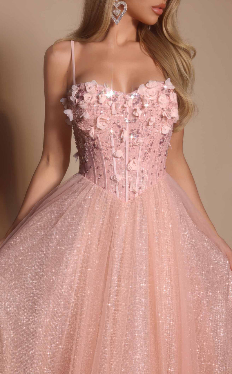 Prom Dresses Corset Floral Formal Long Glitter Prom Dress Pink