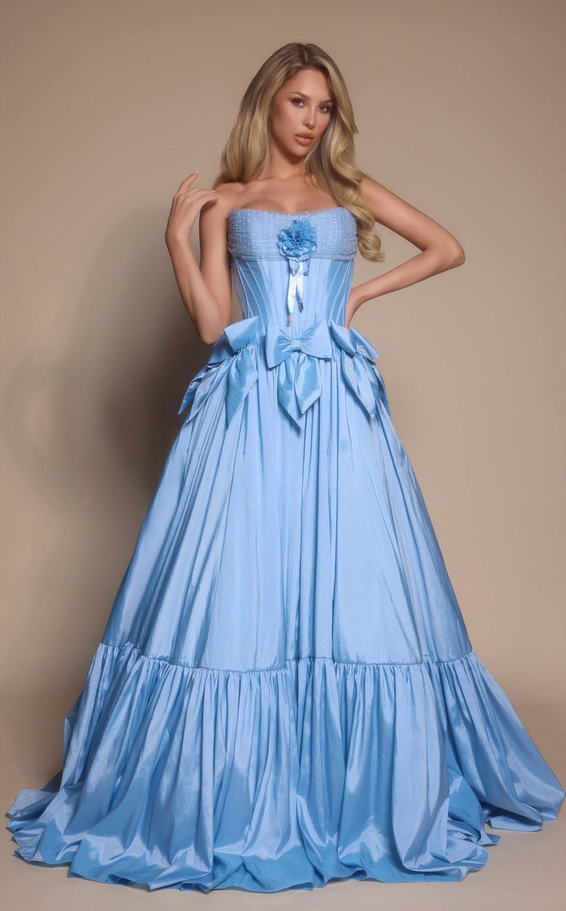 Prom Dresses Floral Lace Formal Long A Line Prom Dress Light Blue