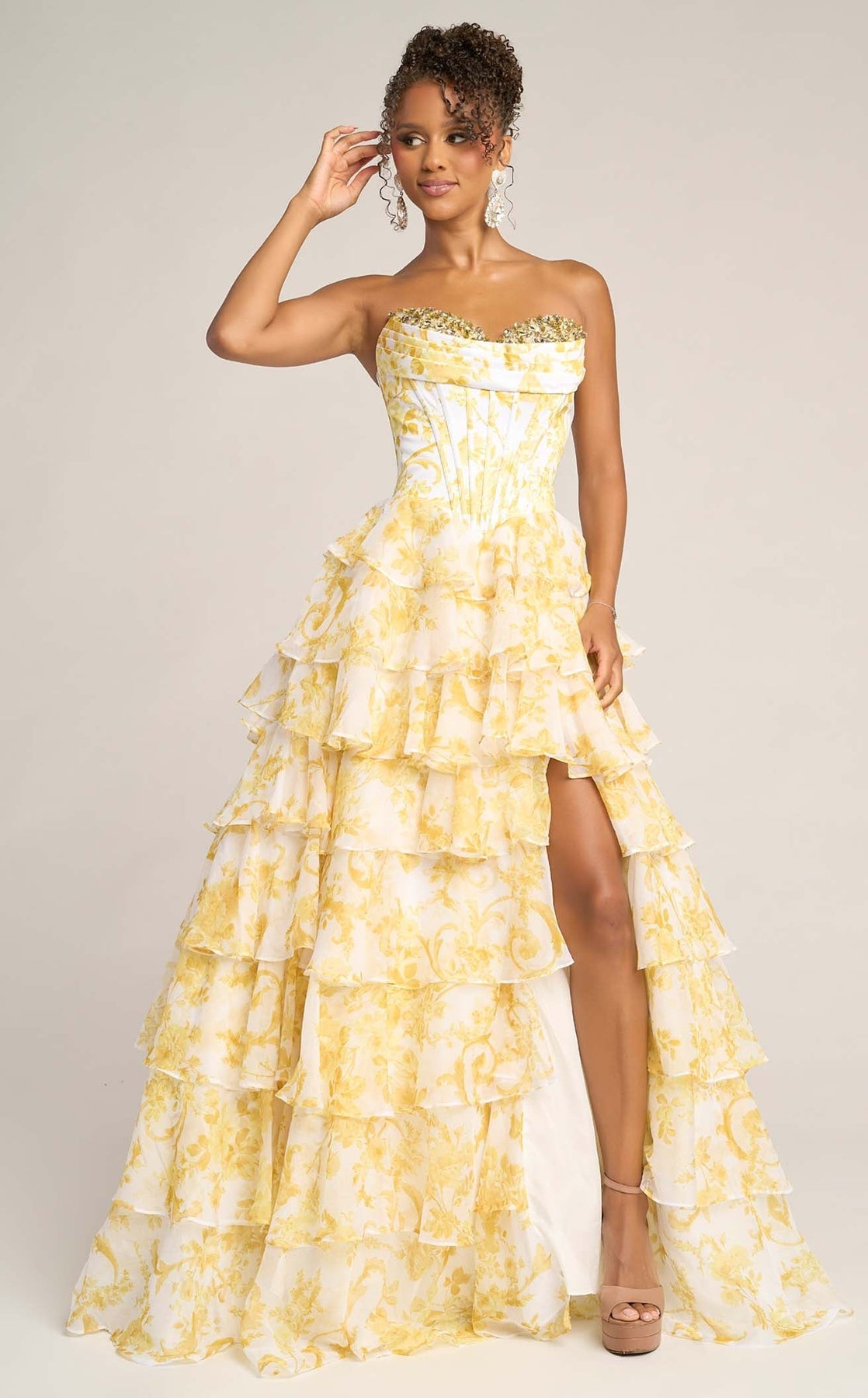 Prom Dresses Long Formal Beaded Floral Print Ruffle Prom Dress Portia and Scarlett PS26210 Yellow
