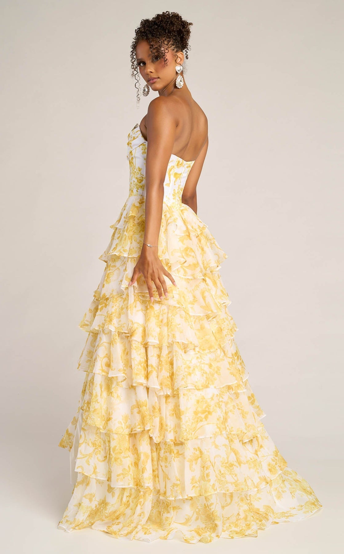 Prom Dresses Long Formal Beaded Floral Print Ruffle Prom Dress Portia and Scarlett PS26210 Yellow