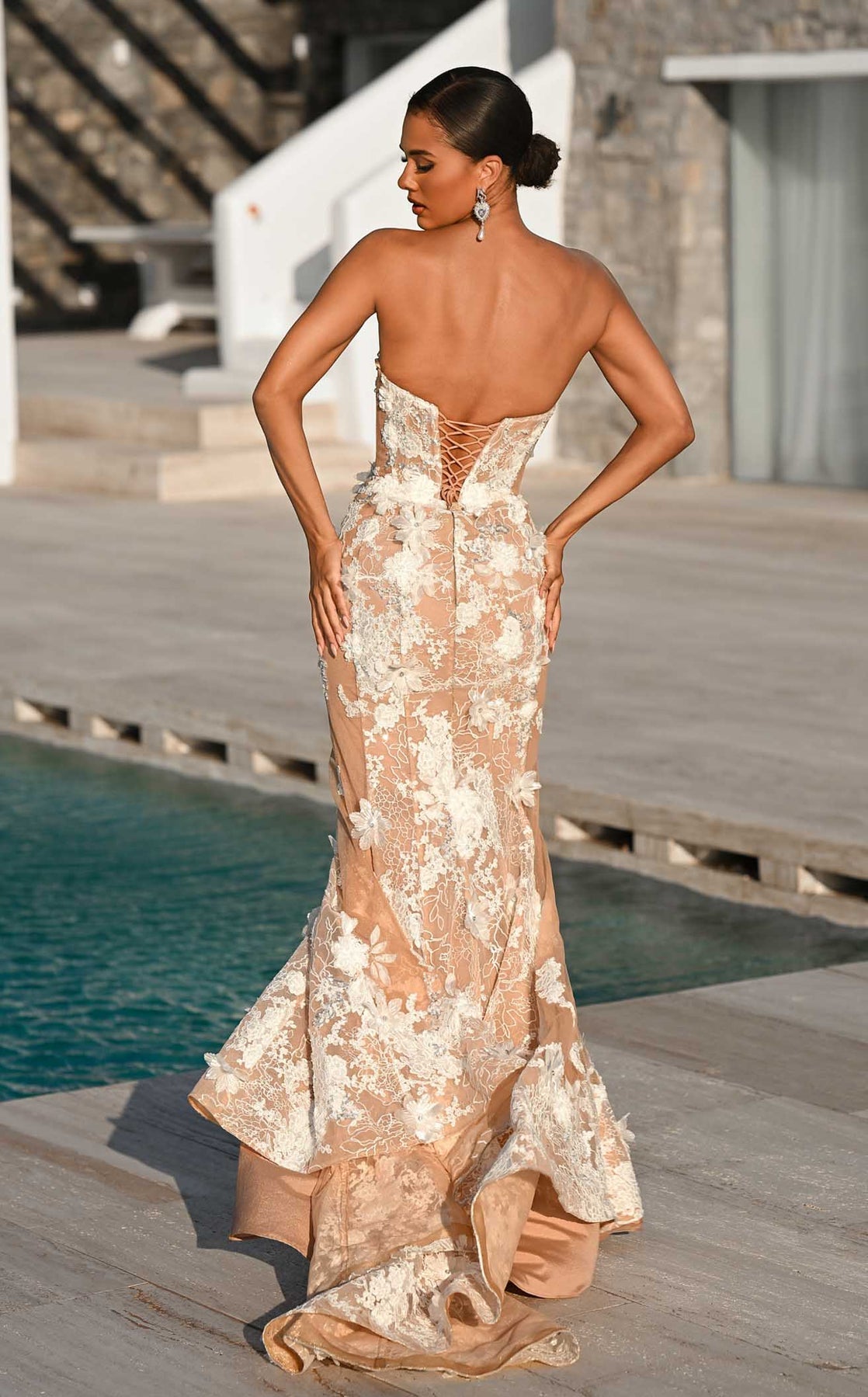 Nude/White Strapless Floor-Length Lace Prom Mermaid Gown with 3D Floral Appliques Portia and Scarlett PS26248