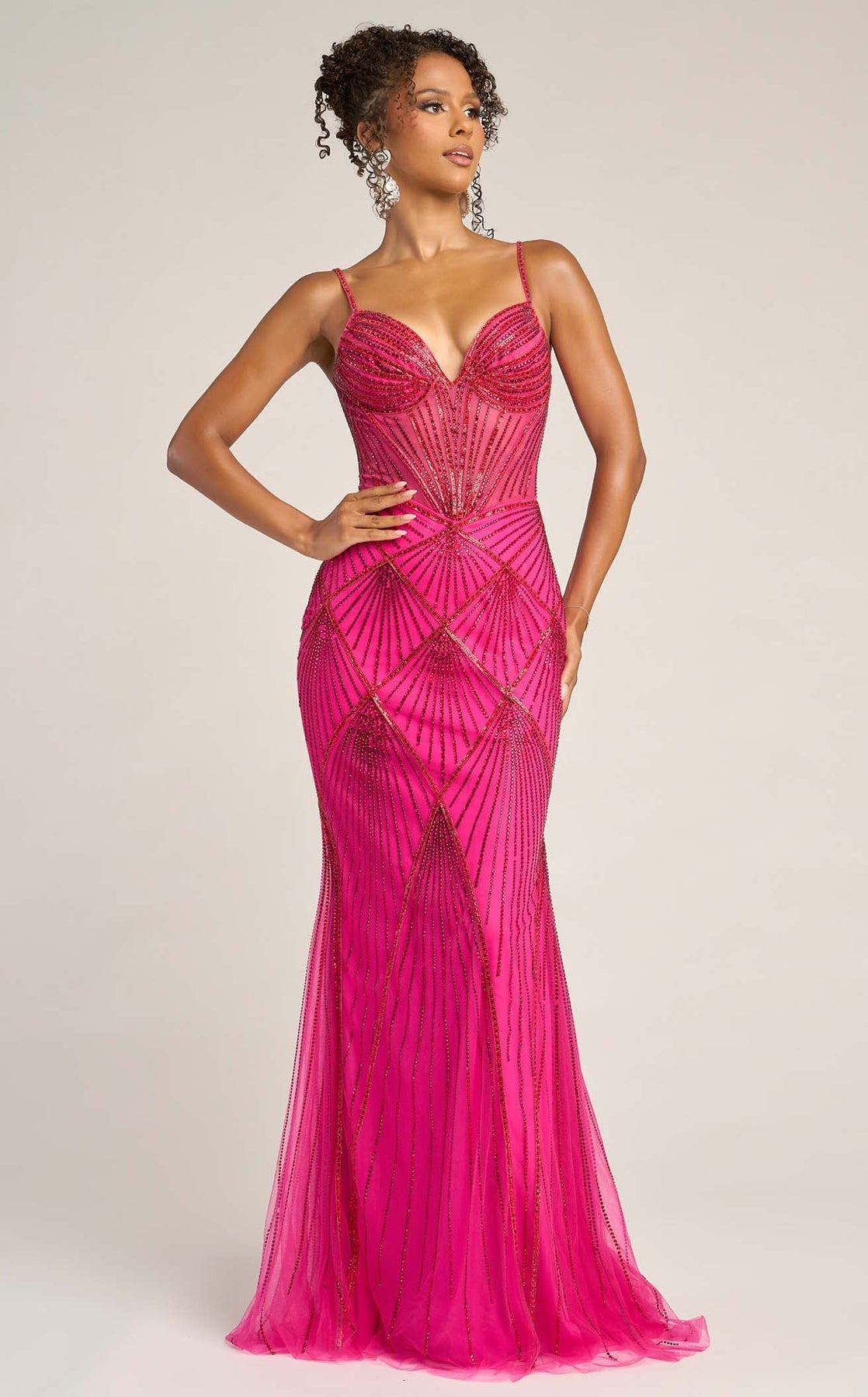 Fuchsia Red Sweetheart Floor-Length Beaded Mesh Prom Mermaid Gown Portia and Scarlett PS26263