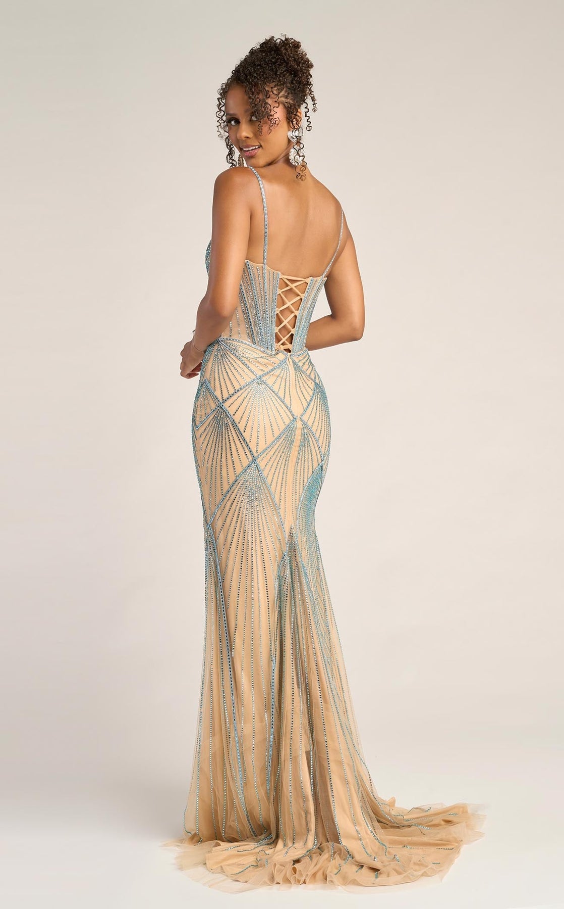Nude Blue Sweetheart Floor-Length Beaded Mesh Prom Mermaid Gown Portia and Scarlett PS26263