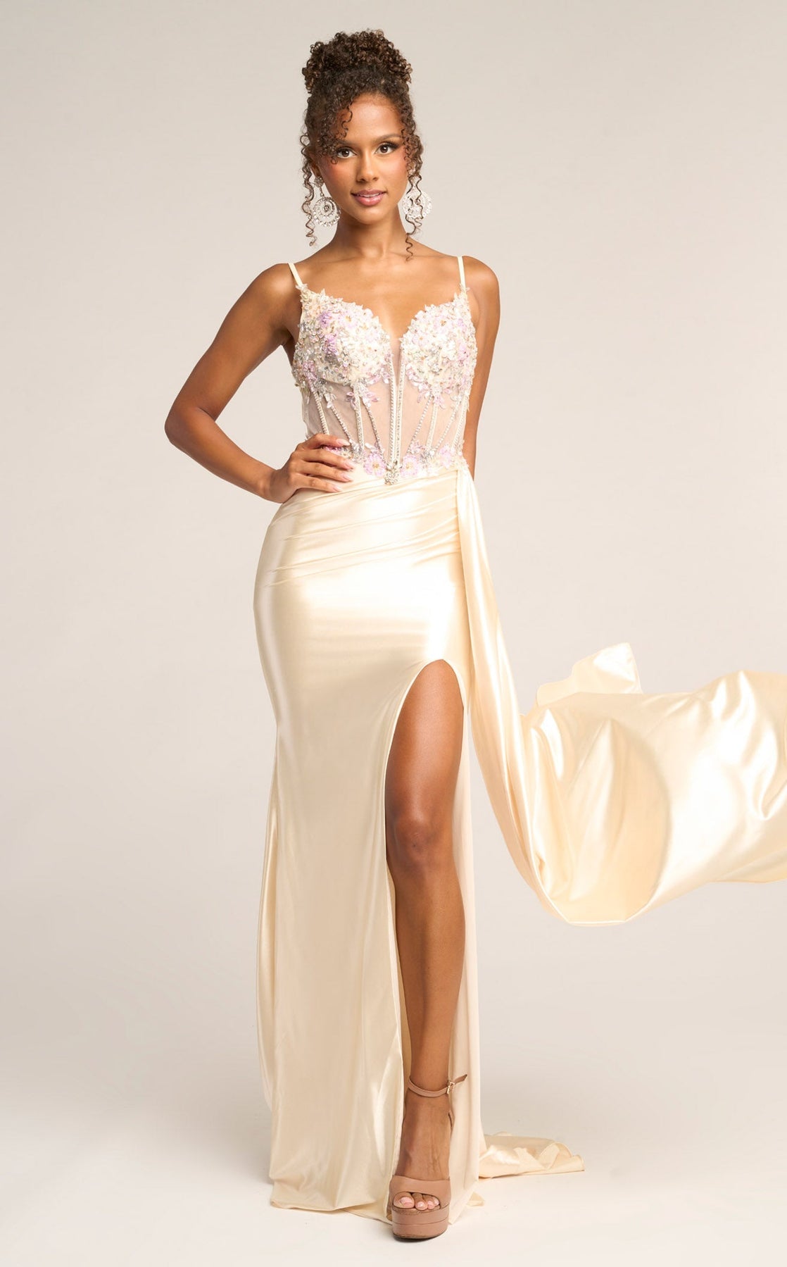 Cream Sweetheart Floor-Length Satin Prom Gown with Corset Bodice and High Slit Portia and Scarlett PS26270